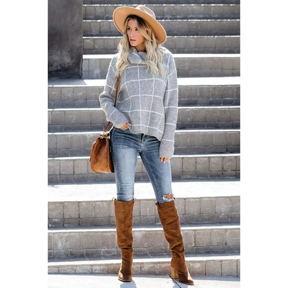 🆕 Women Grey Casual Long Sleeve Sweatshirt Turtleneck Sweaters Fit Jumper Tops - Picture 4 of 6